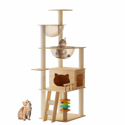 Cat Tree Tower Wood  Cat Condo Scratching Posts and Top Perch and Play Hammock - Image 1 of 4