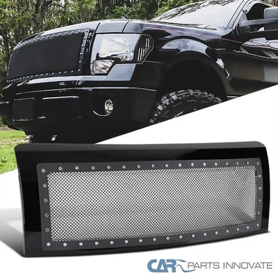 Fit Ford 09-14 F150 Pickup Glossy Black Rivet Style Mesh Front Bumper Hood Grill - Image 1 of 4