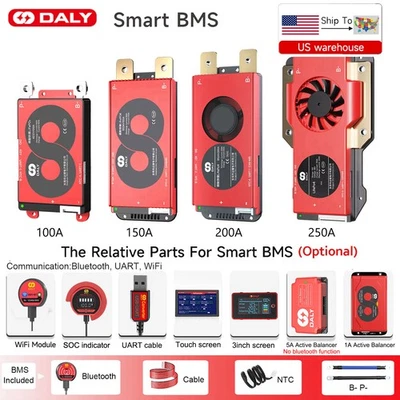 Daly Smart BMS 4S 12V/8S 24V/16S 48V 100A-250A LiFePo4 BMS+Bluetooth Module lot - Image 1 of 4