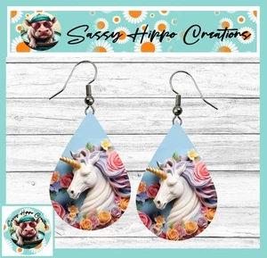 Ohrringe Träne Silber Haken Rückseiten Einhorn 3D bunt floral Blume MDF - Bild 1 von 4