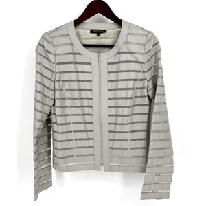 Giacca manica lunga Lafayette 148 taglia 6 grigia pelle seta righe zip intera - Foto 1 di 9