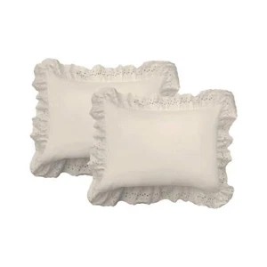Ruffled Bed Pillow Shams with Embroidered Eyelet Detail, Standard, Ivory, 2-Pack - Picture 1 of 8