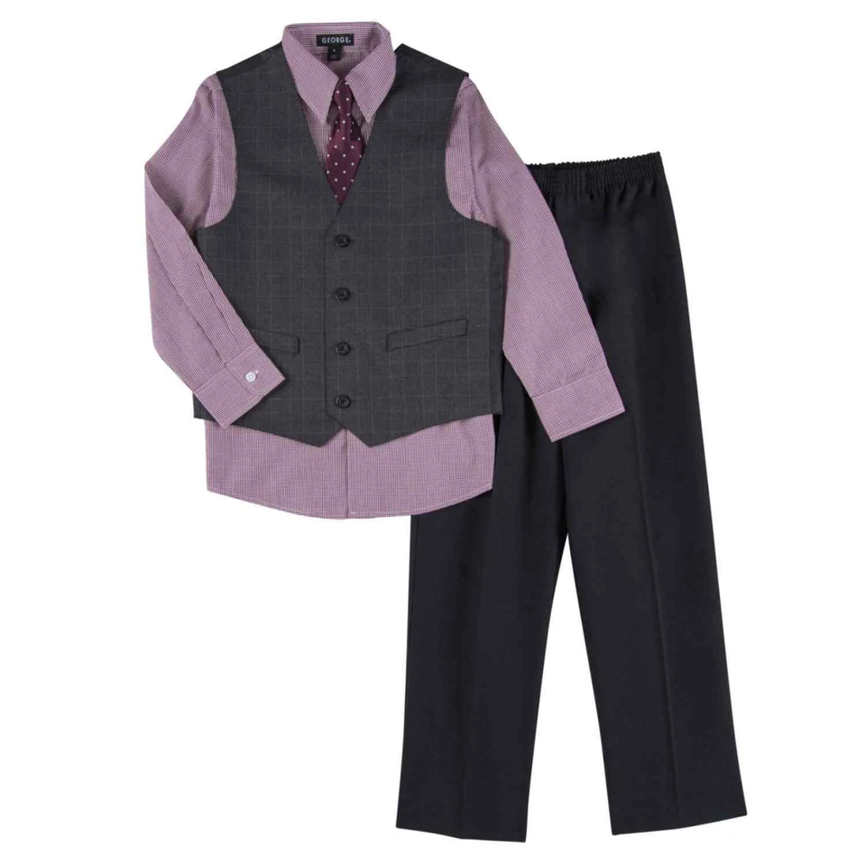 George Boys 4 Piece Red & Black Holiday Dress Up Outfit Suit Tie & Vest - Image 1 of 1