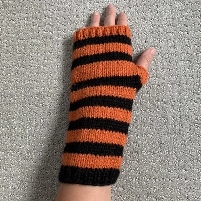 Handmade Homemade Hand Knit Orange Black Acrylic Hand Warmer Fingerless Gloves - Image 1 of 4