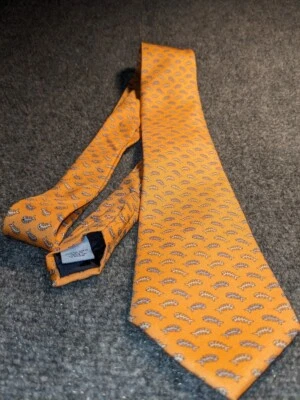 Corbata naranja 100 % seda, L 60" - W 3", detalles espinas de pescado azules y blancas Foto 1 de 4