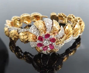 Pulsera vintage de 2,50 quilates de diamantes y 1,80 quilates de rubí platino y oro amarillo de 18 quilates - Imagen 1 de 12