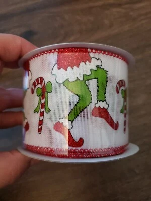 Wire Ribbon Grinch Legs Red White Lime 2.5" x 10YD - Image 1 of 2
