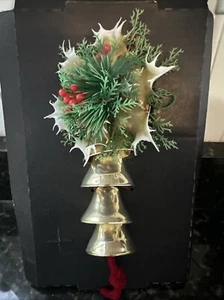 Vintage NOS Christmas 4 Metal Bell Door Hanger Faux Plastic Holly 8” - Picture 1 of 8
