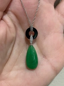 Genuine Green Jade, Onyx & White Topaz Elegant 925 Silver Drop Pendant 18" - Picture 1 of 5