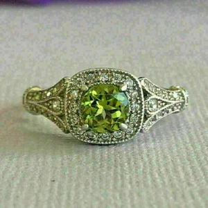 2Ct Round Cut Green Peridot Halo Women's Engagement Ring 14K Whiye Gold Finsh - Picture 1 of 5