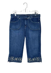 VTG Crop Denim Pants Capris Blue Embroidered Belted Flowers Pull On Boho 10P 30" - Picture 1 of 6