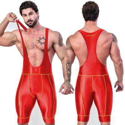 AMORESY Men's Jumpsuits Shiny Glossy Tights Overalls Tracksuits Suits Activewear - Image 1 of 4