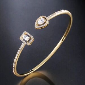 ZARD Halo Pear & Emerald Cut Sapphire Open Cuff Bracelet in 14 K Gold Plating 