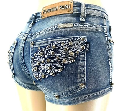 PLATINO FELPA DAMAS ALAS DE ÁNGEL ESTRÁS DENIM 5 BOLSILLOS SHORTS ESTILO #4541 Foto 1 de 4