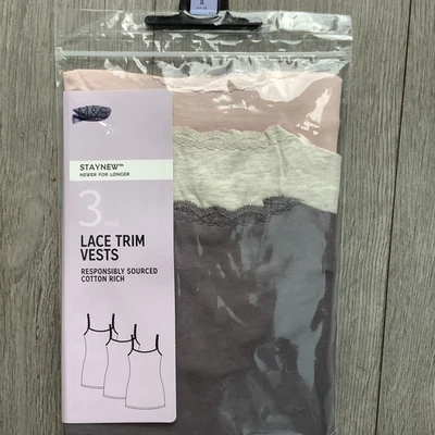 MARKS & SPENCER EX M & S Women's Staynew 3 Pack Lace Trim Vests Size 8