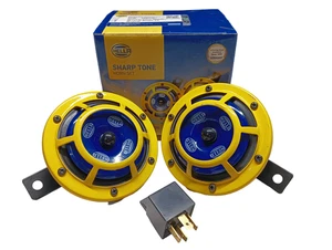 HELLA YELLOW PANTHER SHARP TONE TWIN HORNS 118DB 12V CAR MOTORCYCLE - Picture 1 of 5