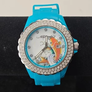 Ed Hardy Watch Women 43mm Blue Silver Tone Koi Fish Dial Bling Running - Picture 1 of 12