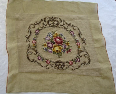 Vtg Completed Needlepoint Chair Stool Cover Floral, 22 X 18, CANVAS 28" - Image 1 of 4