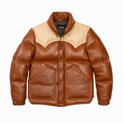 Handmade Western Leather Puffer Jacket | Tan Down Coat, Cowboy Style - Image 1 of 4