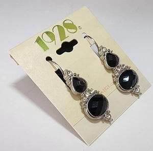 1928 Silver Tone Black Crystal Drop Earrings Double Teardrop Round Vintage... - Picture 1 of 4
