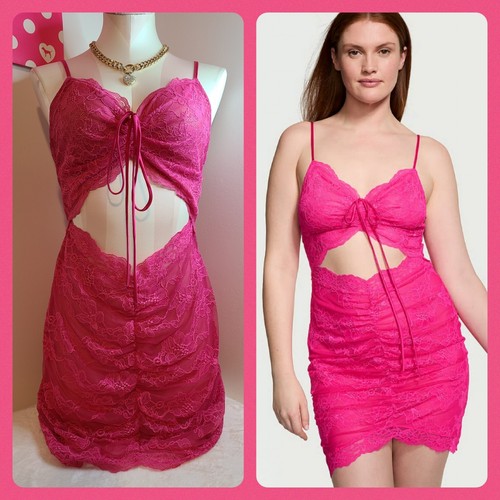 UNDERCOVER Victoria's Secret Mini Abito Slip Increspato Pizzo Ritagliato Taglia Lg Rosa
