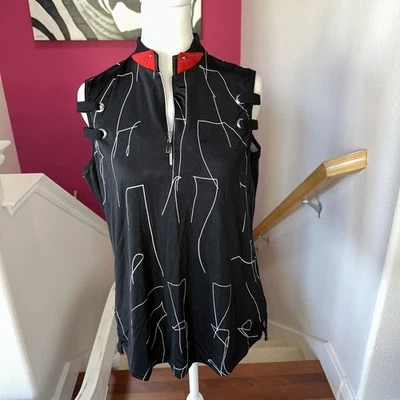 Jamie Sadock 1/4 Zip Golf Sleeveless Top Black w/White Geo Design Red Collar - Image 1 of 4