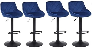 4 X BLUE Velvet Bar stools , set of 3, Matt Black Metal - Picture 1 of 9