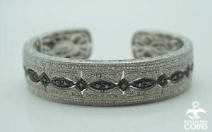 Sterling Silver White & Blue Diamond 0.48 CTW Art Deco Cuff Bracelet