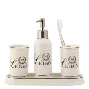 4 Pc Bathroom Set Ivory Ceramic Lotion/Soap Dispenser Toothbrush Holder Tumbler - Picture 1 of 2