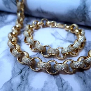 Mens 12mm Belcher Chain And Bracelet Set Iced Out 24" 8" 18k Gold Layered - Picture 1 of 3