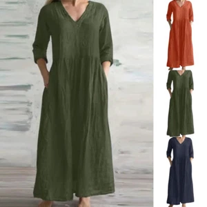✿Damen-Maxikleid Aus Baumwollleinen Mit V-Ausschnitt Lässiger Kaftan 〒 - Picture 1 of 15
