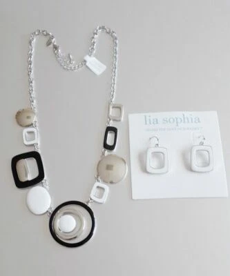 COLLAR + PENDIENTES LIA SOPHIA TONO PLATA BLANCO, ESMALTE NEGRO 18"-21" Foto 1 de 2