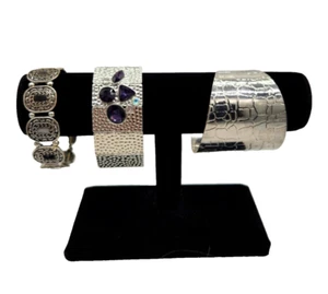 Bracelets Lot of 3 Silver Tone Large 1 cuff open 2 stretch purple glass Statemen - Picture 1 of 4