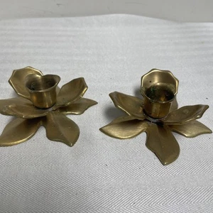VTG Brass Flower Candle Stick Holders Set of 2 Rose Lotus Pair Granny Core - Picture 1 of 8