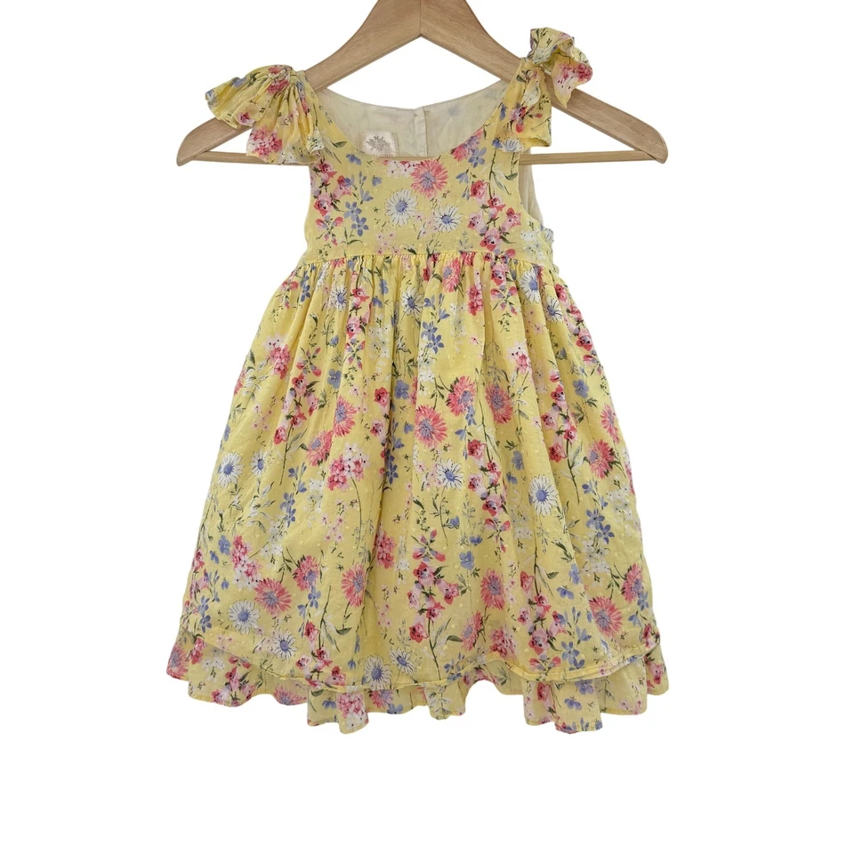Laura Ashley Girls Yellow Floral Flutter Sleeve Bow Back Dress Size 4 - Image 1 of 4