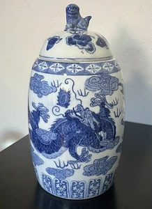 Antique Blue White Chinese Ginger Jar Vase Foo Dog Lid Dragon Large 12” Asian - Picture 1 of 24