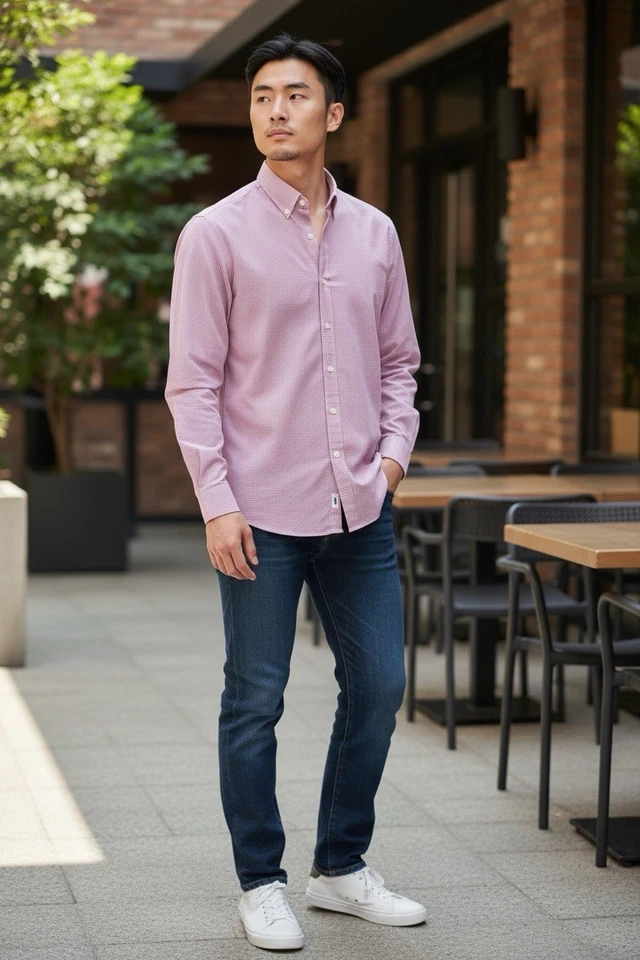 Camisa social masculina manga longa Perry Ellis. Padrão borgonha e creme. Grande/fino - Imagem 1 de 4