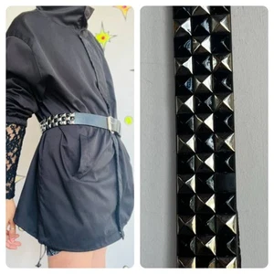 Vintage Y2K Black Pyramid Studded Leather Belt - Triple Tier - Size M 34-36 - Picture 1 of 3