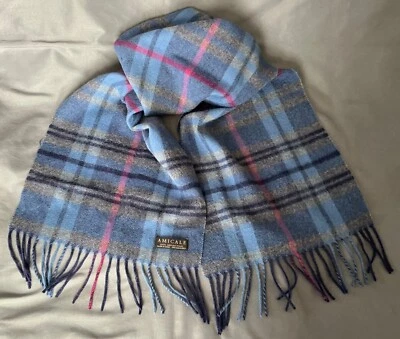 Amicale 100% Merino Wool Scarf w/ Fringe Blue/Fuschia+ Plaid 68x12 EXC Rectangle - Image 1 of 4
