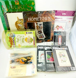 Cross Stitch Embroidery Kits 5 Aida 12x18 1 Raymar 12x12, 16 Skeins NEW Lot of 8 - Picture 1 of 14