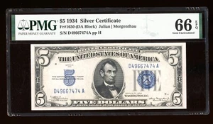DBR 1934 $5 Silver Gem Fr. 1650 DA Block PMG 66 EPQ Serial D49667474A - Picture 1 of 2