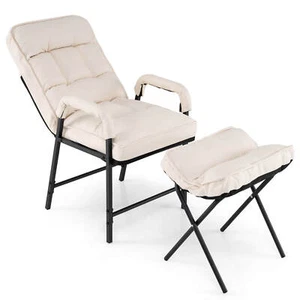 Modern Accent Chair w/ Ottoman Linen Fabric Arm Chair w/ Adjustable Backrest - Picture 1 of 10
