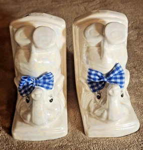 Vintage – Ceramic Elephant Bookends with cloth Bow Tie – Excellent Condition - Picture 1 of 6