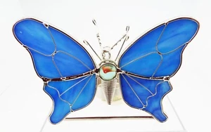 BLUE BUTTERFLY HAND CRAFTED STAINED GLASS LEADED METAL VOTIVE CANDLE HOLDER NEW - Picture 1 of 7