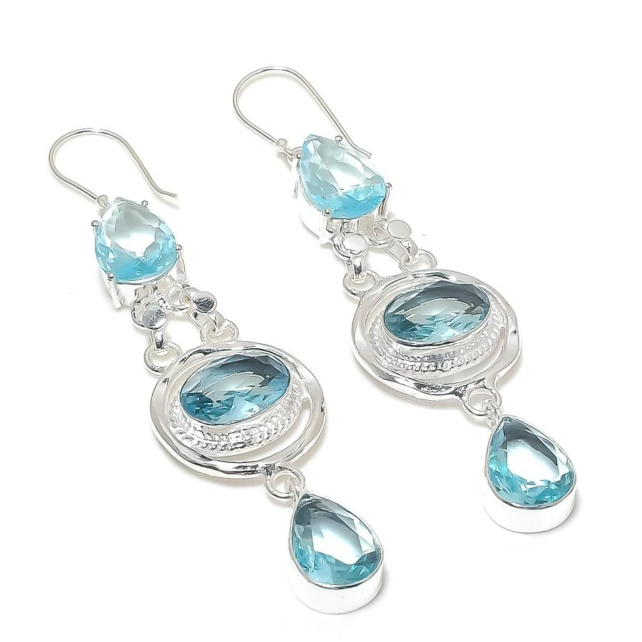 Pendiente de joyería de plata de ley 925 hecho a mano con piedras preciosas de aguamarina aguamarina tamaño 2,7" Foto 1 de 1