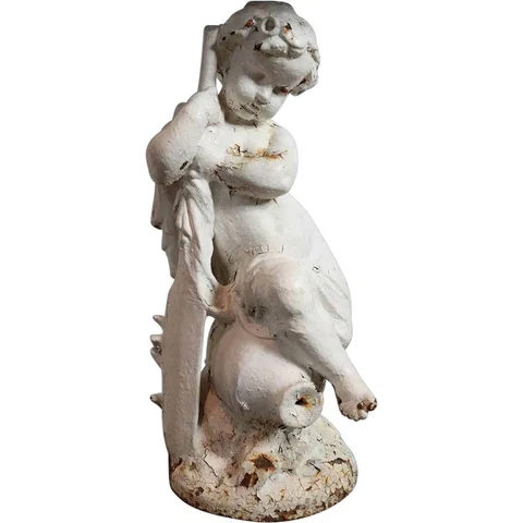 1870s Antique MATHURIN MOREAU Cast Iron Fountain Statue, Enfant a la Rame Putto Cover