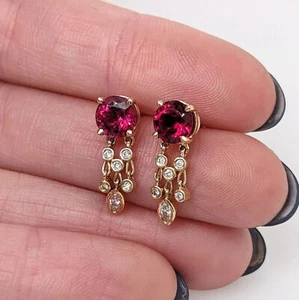 2Ct Round Cut Created Red Ruby Drop Dangle Women Earrings 14k Yellow Gold Finish - Picture 1 of 6