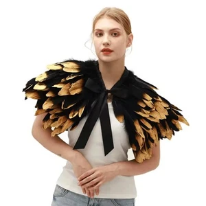 Victorian Cosplay Goth Feather Shrug Cape Shawl - Black with Gold Tip - Picture 1 of 3