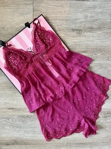 Victoria's Secret Stretch Lace & Chiffon Magenta Bedazzled Cami Set M NWT - Picture 1 of 4