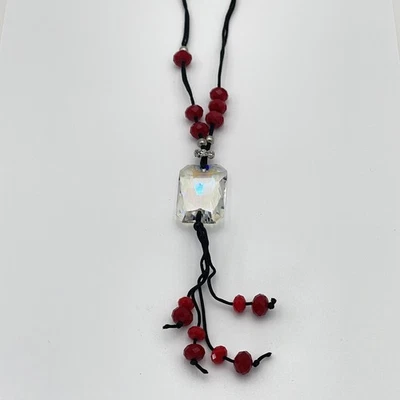 Premier Designs Necklace Womens Long Black Cord Red Bead Tassel Crystal Pendant - Image 1 of 4